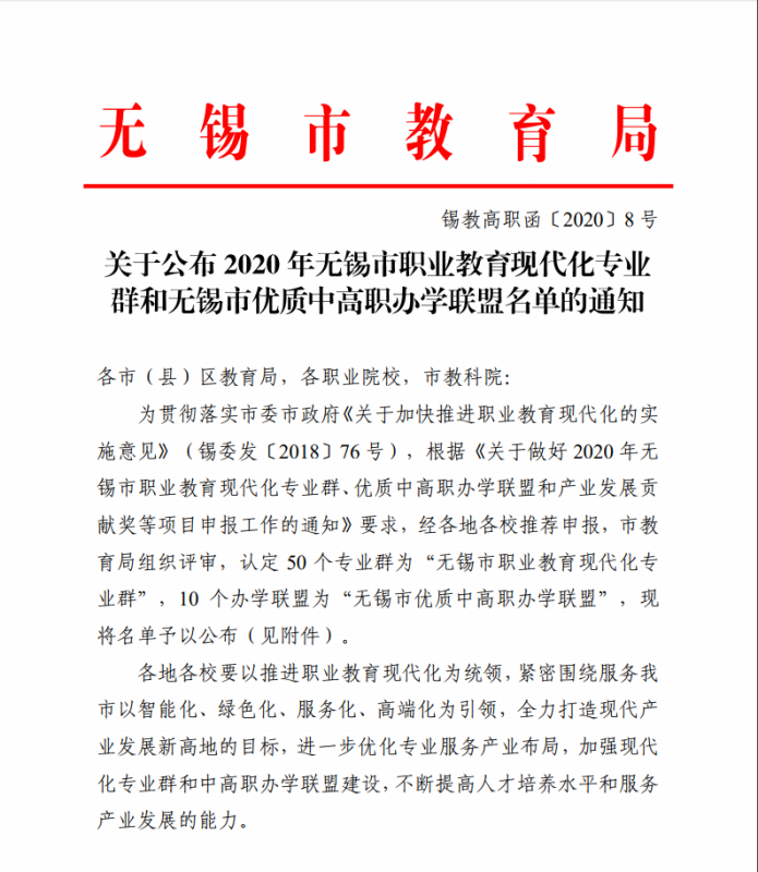 喜報：我校兩個專業(yè)群獲評無錫市職業(yè)教育現(xiàn)代化專業(yè)群
