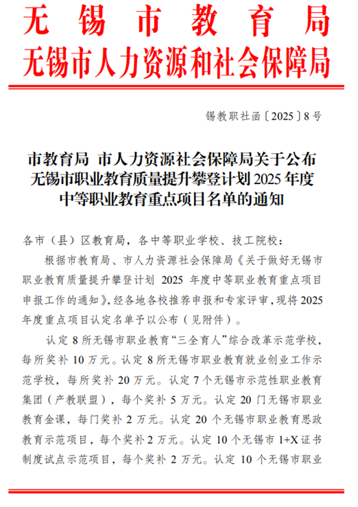 喜報：我校多個項目入選無錫市職業(yè)教育質(zhì)量提升攀登計劃2025年度重點項目